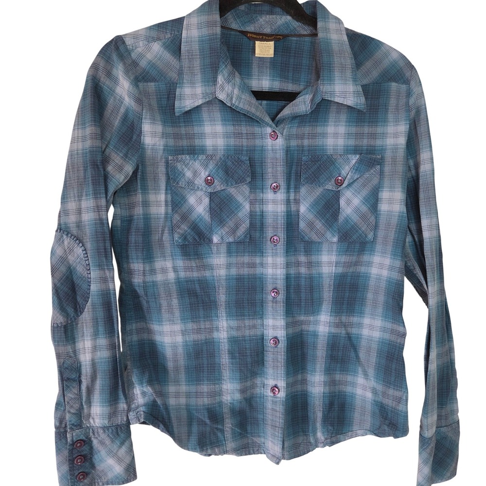 Toad & Co Plaid Button Up Shirt Elbow Patch‎ Fitted Outdoor Western Womans Small